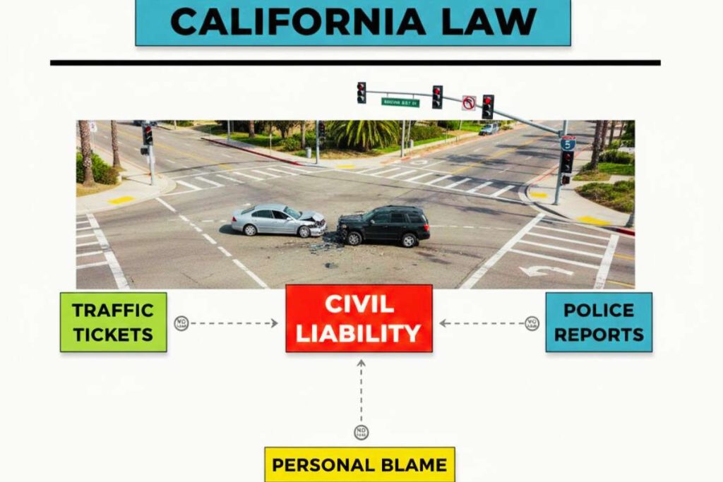 Diagram showing civil liability separated from traffic tickets, police reports, and personal blame under California law