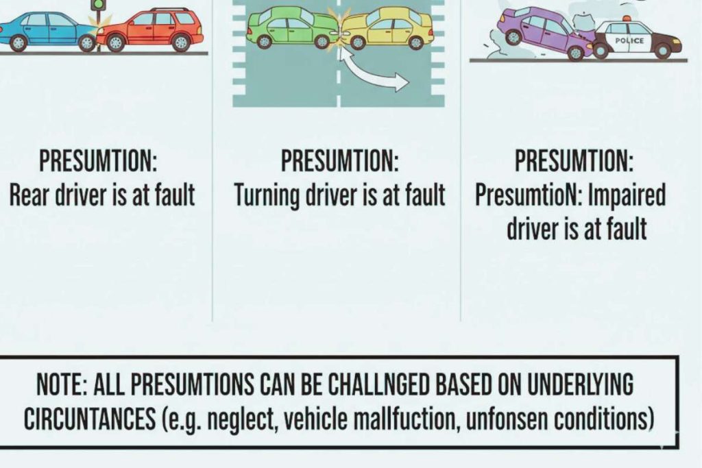 Side-by-side illustration of rear-end, left-turn, and DUI-related crashes with note that presumptions can be challenged