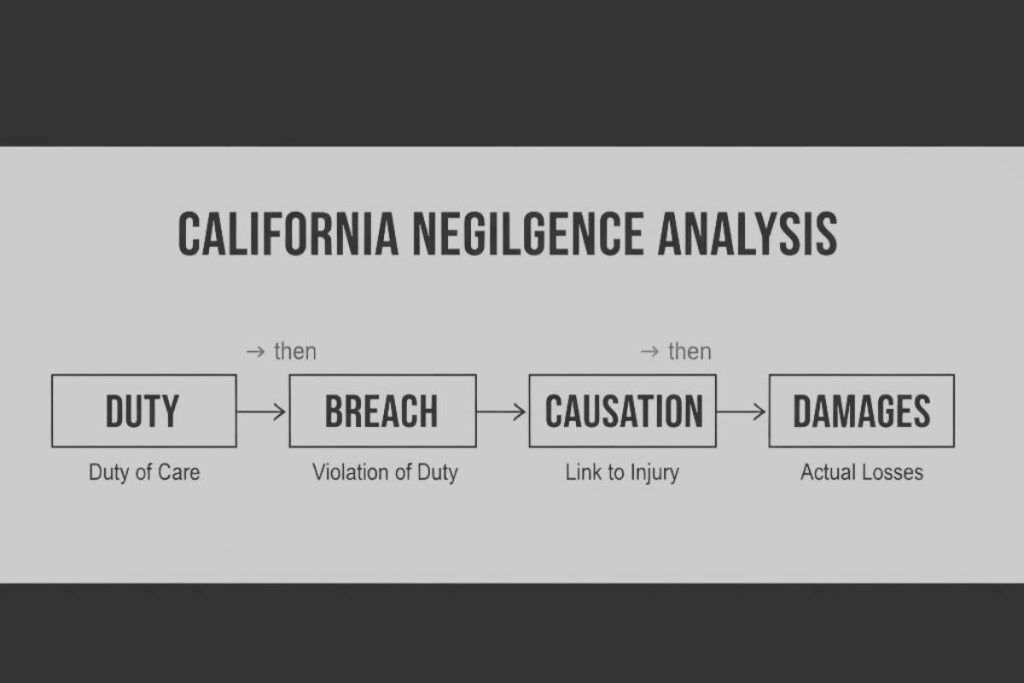 Flow diagram illustrating duty of care, breach, causation, and damages in California negligence analysis