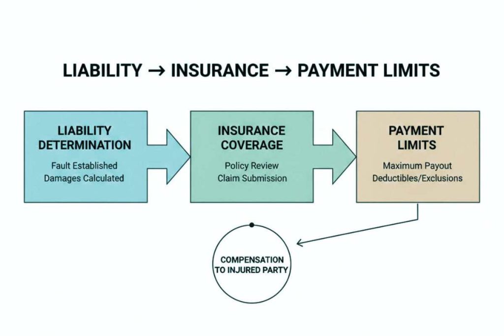 Flow diagram showing liability determination followed by insurance coverage and policy limits