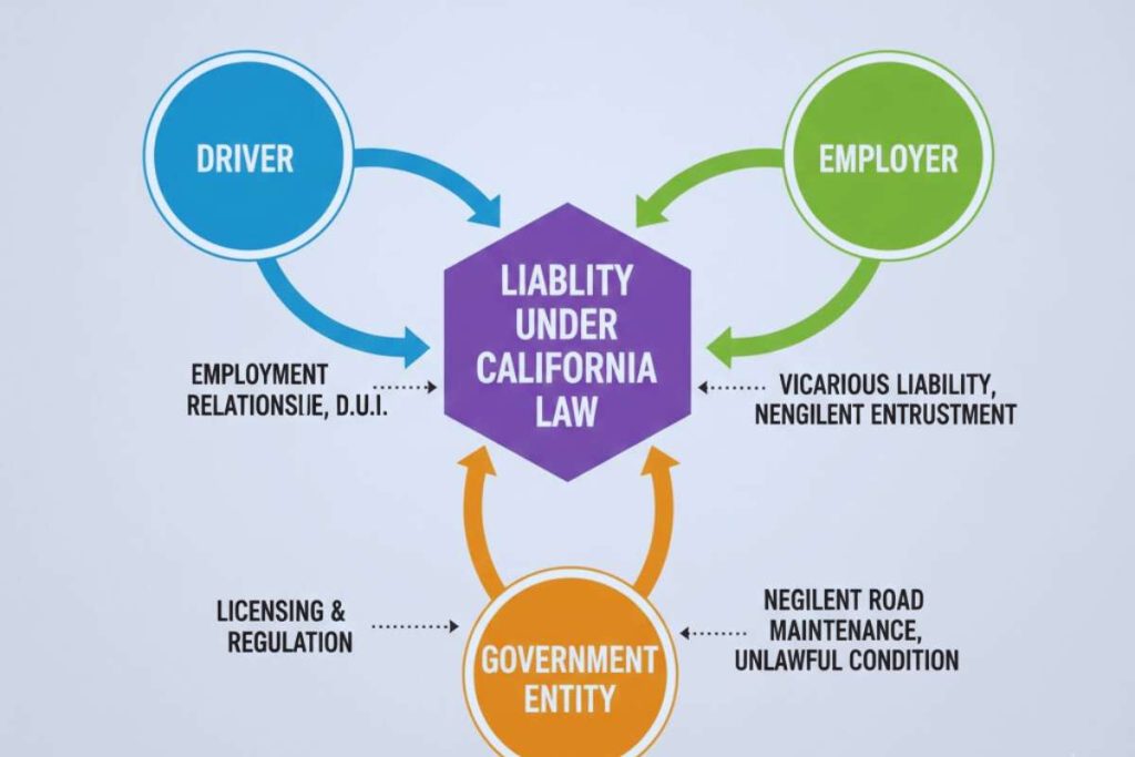 Illustration showing drivers, employers, and government entities connected to liability under California law