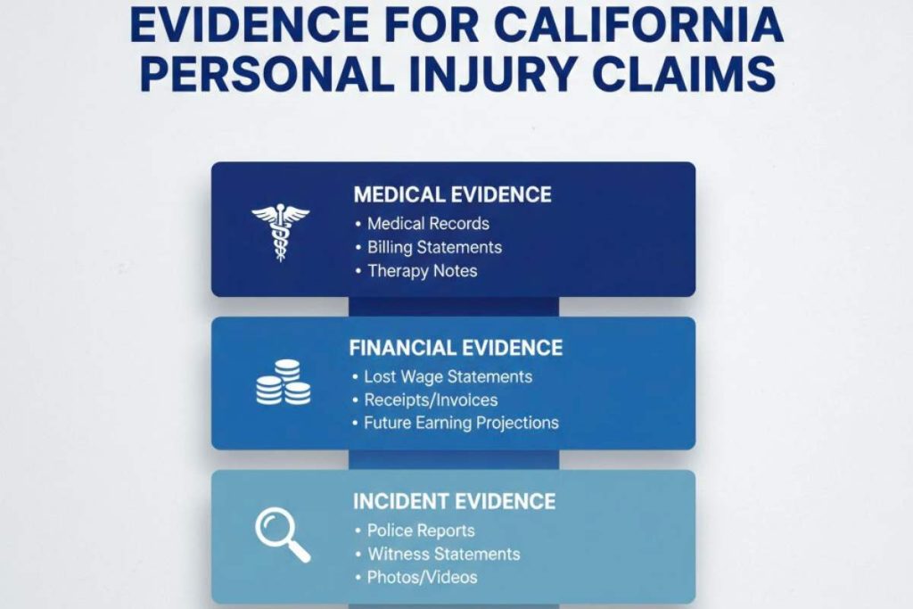 Visual showing types of evidence used to evaluate California personal injury claims
