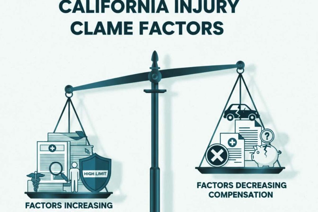 Illustration showing factors that influence compensation evaluation in California injury claims