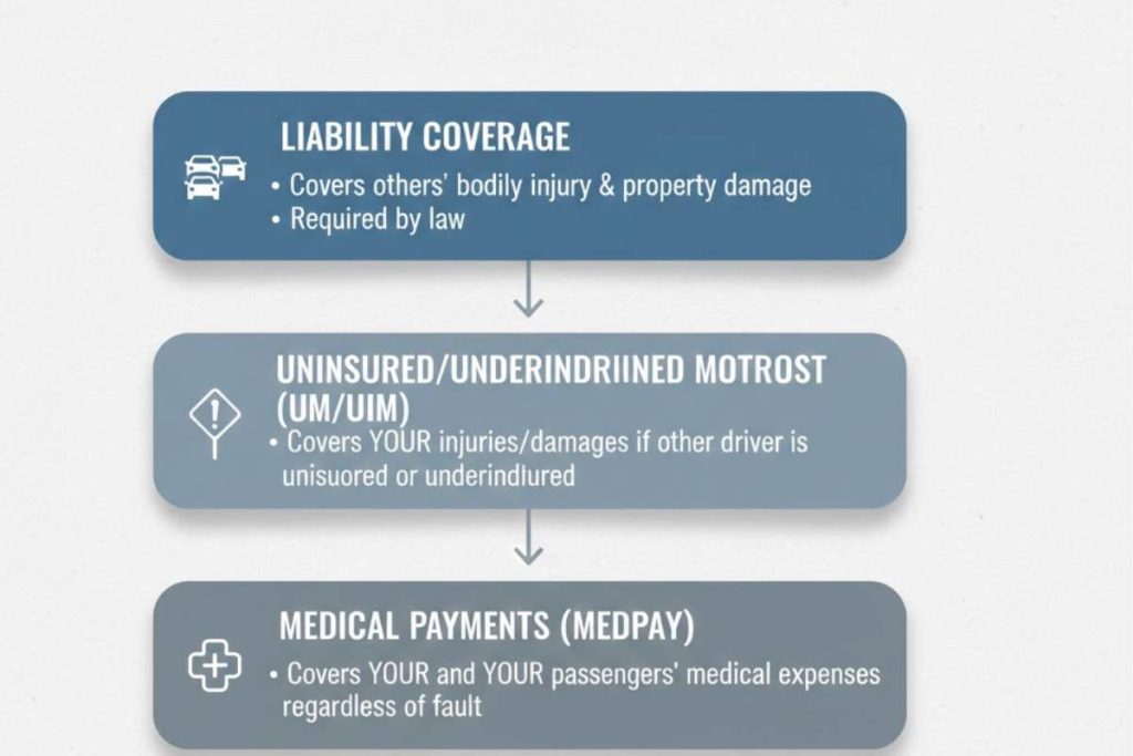 Diagram explaining liability, uninsured motorist, and medical payments coverage in California