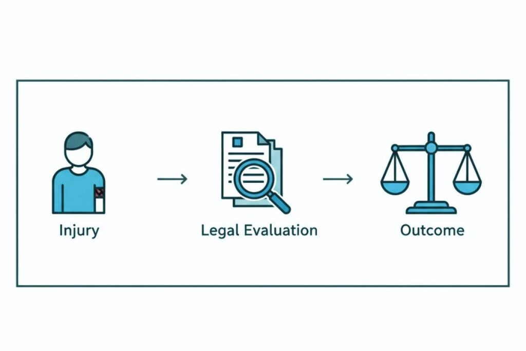 Diagram showing how California personal injury law evaluates injuries through legal standards rather than guarantees