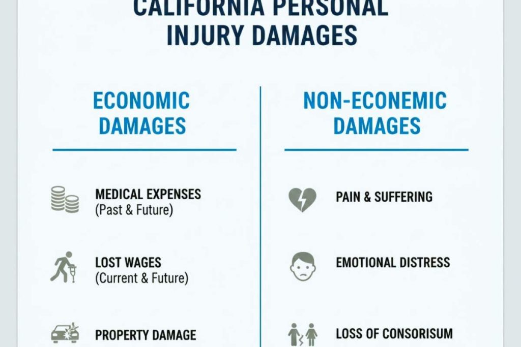 Chart showing economic and non-economic damages recognized under California personal injury law