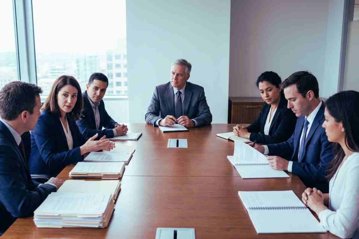 Neutral mediator facilitating settlement discussion between two parties at a conference table in a California law office.